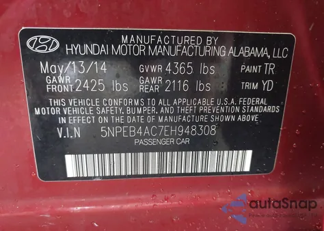 2014 Hyundai Sonata Gls z USA, uszkodzony, nr VIN 5NPEB4AC7EH948308